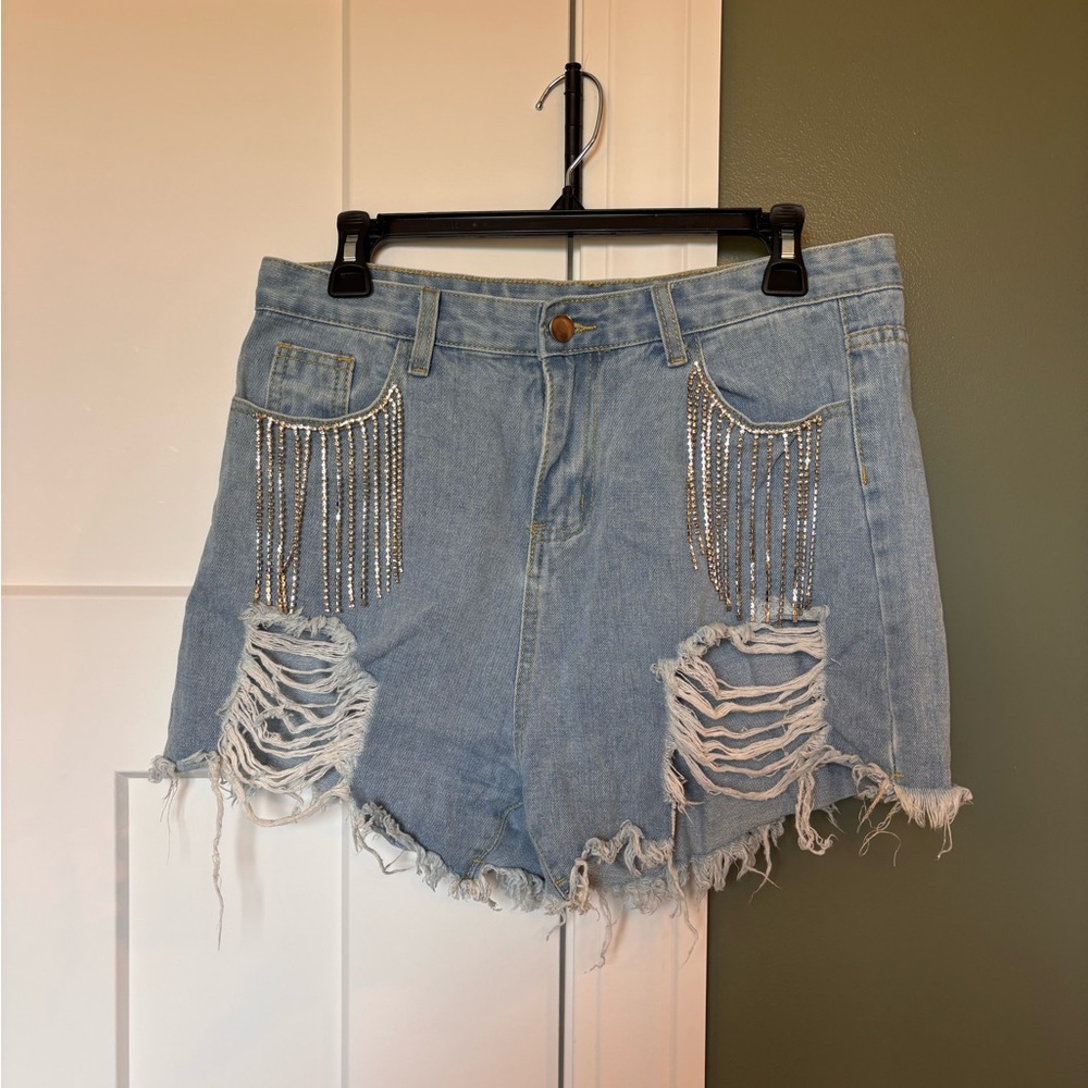 Light Blue Distressed Jean Shorts with Rhinestone Fringe